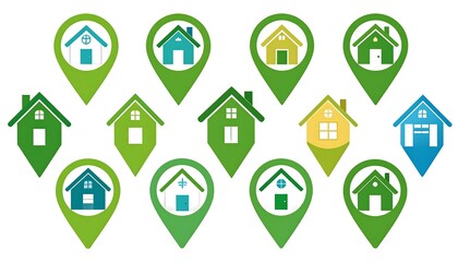 Multiple location markers with house icons in various colors