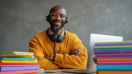 Confident young teacher hosting online class, smiling warmly with headphones on, laptop open and surrounded by colorful books,