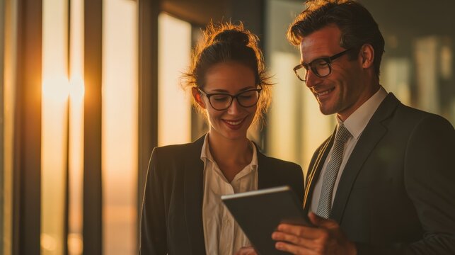Diverse team of two business people reviewing presentation on tablet, relaxed yet professional, warm daylight through windows, - Powered by Adobe