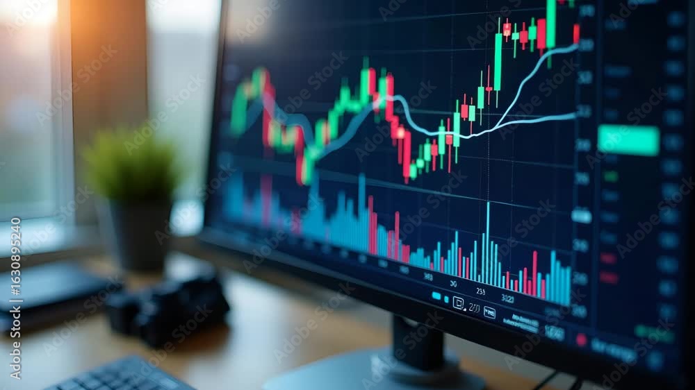 Poster ai generated illustration of computer monitor with financial stock market graph - perfect for photo 