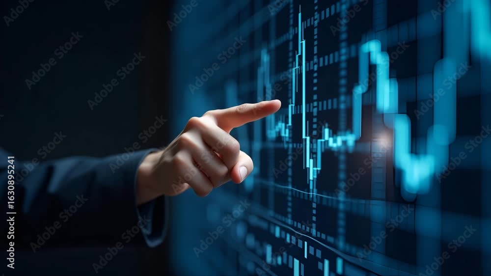 Poster graphs displaying world financial markets data: investor pointing at candlestick chart concept with 