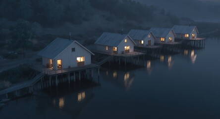 Naklejka premium Tranquil Lakeside Cabins Illuminated at Dusk, Reflecting in Still Water
