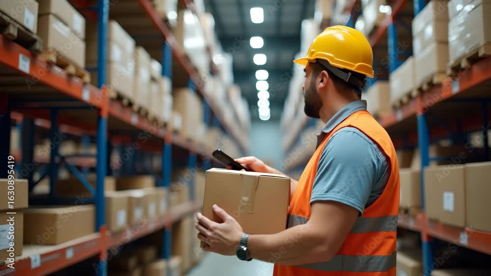Poster efficient warehouse operations: male worker analyzing incoming stock for optimal distribution and in