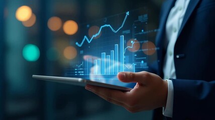 Business Person Analyzing Financial Statistics on Tablet: Data-Driven Decisions & Investment Insights - Stock Photo Concept with Empty Space for Customization - Powered by Adobe
