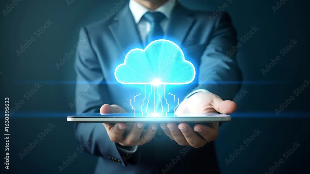 Poster flat man using laptop with cloud computing diagram: a cute vector illustration of networking, intern