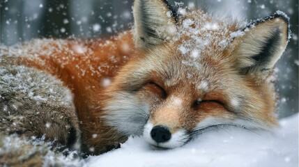 Obraz premium A close up of a red fox sleeping peacefully in the snow covered ground during a winter snowfall scene