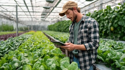 medium shot of a farmer or technician holding a tablet and checking plant health data while standing among rows of greens in a smart greenhouse, authentic