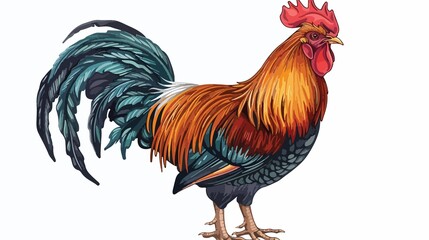 Fototapeta premium Vibrant rooster with striking plumage stands proudly against a clean white background