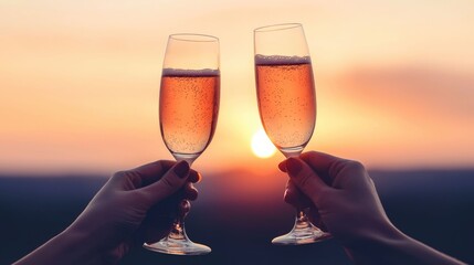 Group of friends joyfully toasting and clinking their glasses of wine or champagne against a beautiful warm golden hour sunset landscape  Capturing a celebratory relaxing