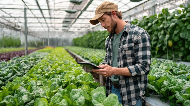 medium shot of a farmer or technician holding a tablet and checking plant health data while standing among rows of greens in a smart greenhouse, authentic