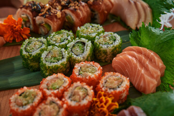 A Delicious Array of Sushi Rolls and Fresh Seafood, Showcasing Vibrant Colors and Artful...