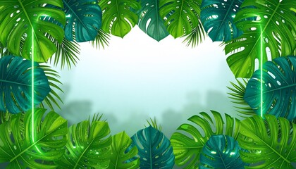 Lush tropical foliage creates a vibrant, heart-shaped frame around a bright, blank space.