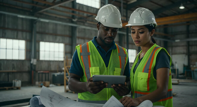 Two diverse construction workers in safety gear review blueprints on a tablet inside a large industrial building.