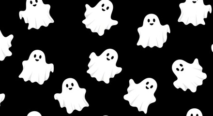 Photo of seamless halloween pattern with cute white ghosts on a black background perfect for festive decorations and spooky designs