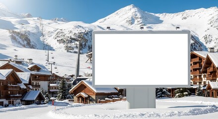 Blank billboard mockup for advertising in a sunny ski resort village in the snowy mountains.