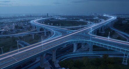 Illuminated Highway Interchange at Dusk: Long Exposure Cityscape View