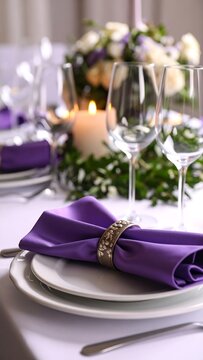 Elegant purple table setting with floral arrangements