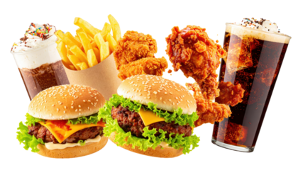 New Menu Announcement Banner Concept with Fast Food Items in mid-air on White Background