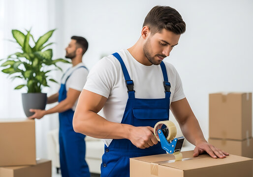 Professional movers carefully packing household items for relocation and transport