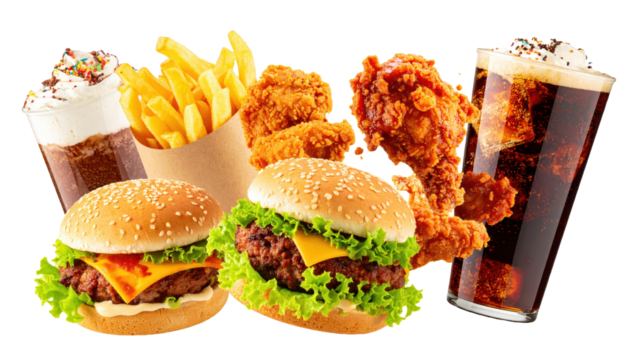 New Menu Announcement Banner Concept with Fast Food Items in mid-air on White Background