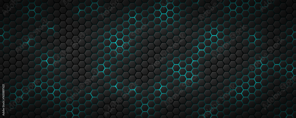 Poster futuristic black hexagon grid pattern with glowing neon teal edges. modern hi-tech background for di