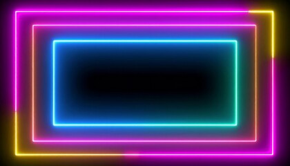 Abstract neon rectangles in pink, blue, yellow, and green glow against a black background.