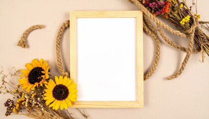 Obraz premium Blank wooden frame surrounded by dried flowers and twine, on a beige background.