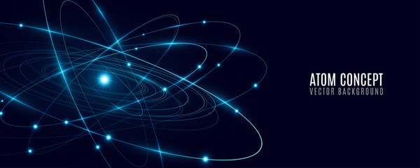 Atomic structure concept for scientific research presentation cover. Glowing atom featuring blue elliptical rings circling a radiant central core on black background. Vector illustration.
