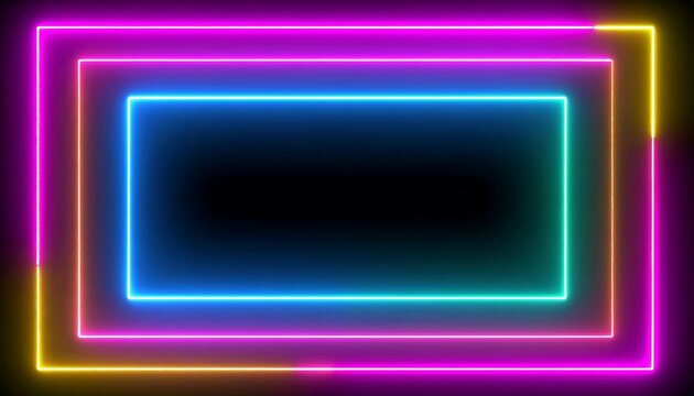 Abstract neon rectangles in pink, blue, yellow, and green glow against a black background.