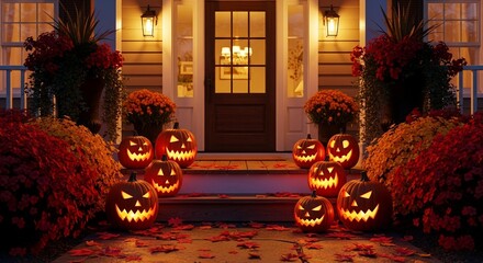 Photo of illuminated jack o lanterns and fall mums decorate a front porch for a festive halloween celebration