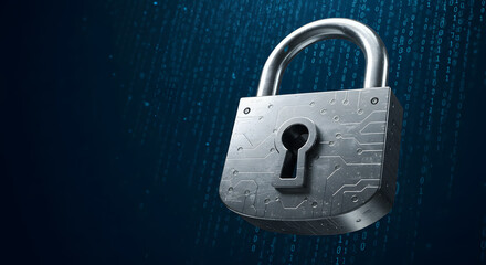 A metallic padlock with circuit board patterns on a dark blue background with binary code overlay
