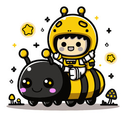 Obraz premium Cute Cartoon Child in Space Suit Riding a Cheerful Bee Character
