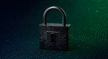 A digital padlock with circuit patterns on it against a binary code background in green and black