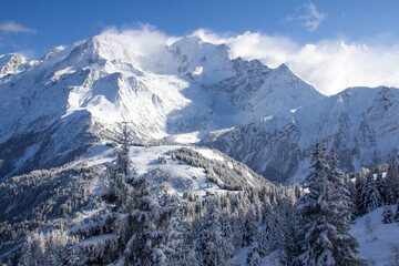 View of the Mont Blanc Massif from Le Prarion, Les Houches, Haute-Savoie, France