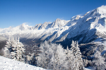 View of the village of Les Houches from Le Prarion in the Chamonix Mont Blanc Valley, Haute-Savoie,...