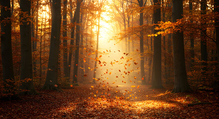 A path through an autumn forest with falling leaves and sunlight shining through the trees at sunset