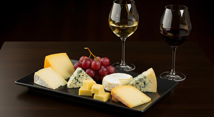A black tray with various cheeses and red grapes accompanied by two glasses of wine on a table
