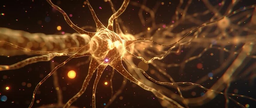 Anamorphic video neuron or nerve cell with an intricate network. Perfect for projects related to science, technology, medicine, artificial intelligence