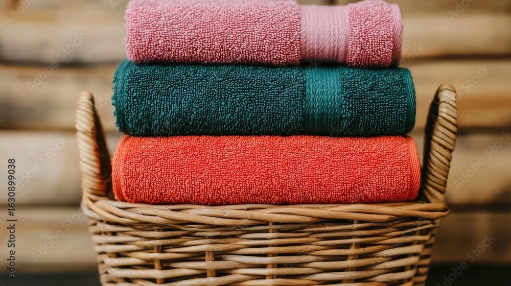 Poster neatly stacked and arranged multicolored soft terry cloth towels and clean linens in a wicker basket