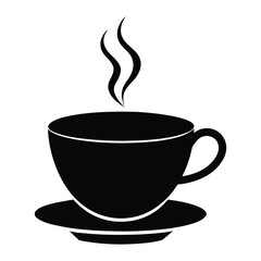 Black silhouette of a steaming coffee cup and saucer on white background hot drink beverage