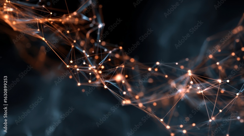 Poster abstract network of glowing orange dots connected by lines on a dark blue background texture