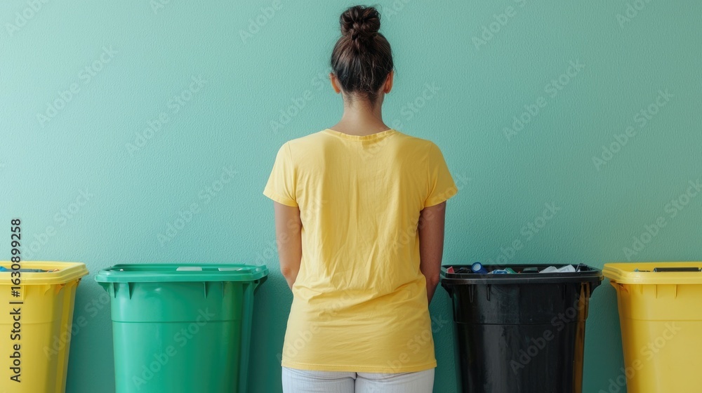 Poster rear view of person sorting and organizing different recycling materials and waste into separate con
