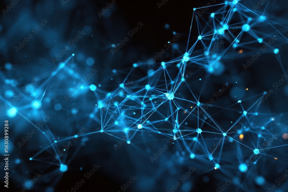 Poster abstract blue network with glowing nodes and connecting lines on a dark background design concept