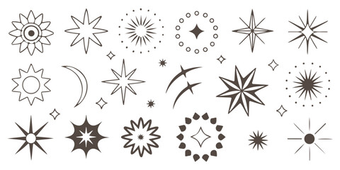 Collection of Minimalist Star and Celestial Shapes  grayscale on a white background design element.