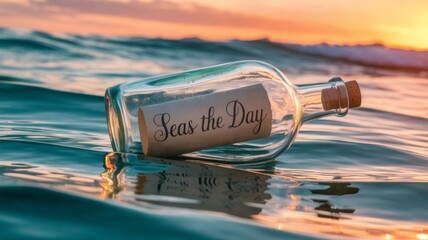 Message in bottle drifting on ocean waves, warm sunset colors in sky