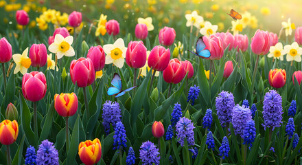A vibrant field of tulips daffodils and hyacinths with butterflies in a sunny spring garden scene