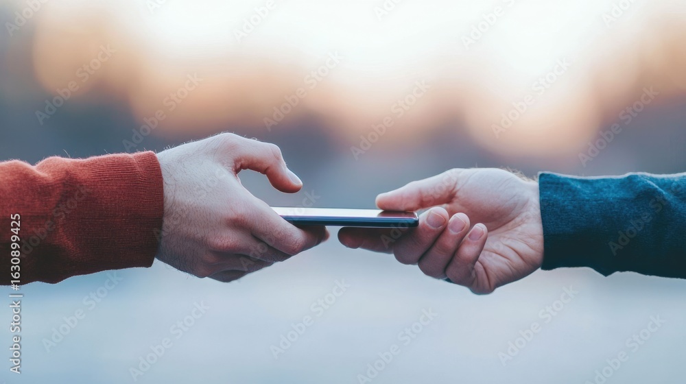 Poster close up view of two hands exchanging a smartphone device featuring a digital chat interface represe