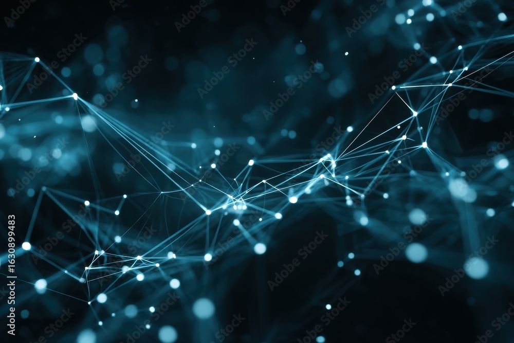 Aufkleber abstract teal network with glowing nodes and connecting lines on a dark teal gradient background
