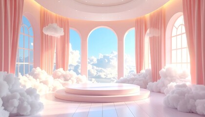 A dreamy pink room filled with clouds and arched windows overlooking a bright sky