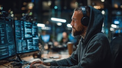 Focused cyber security specialist running automated scripts to scan for weak points in corporate network infrastructure inside a modern operations hub.